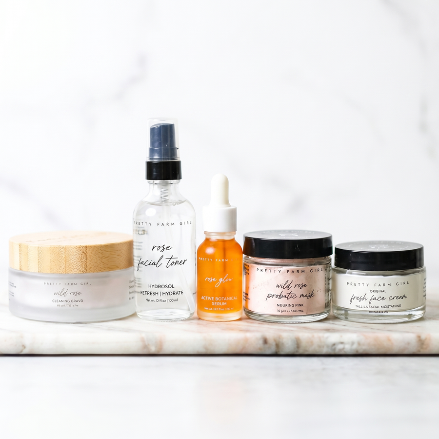 Starter skincare products on a white shelf