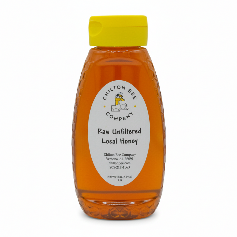 Raw Alabama wildflower honey in a yellow-capped squeeze bottle