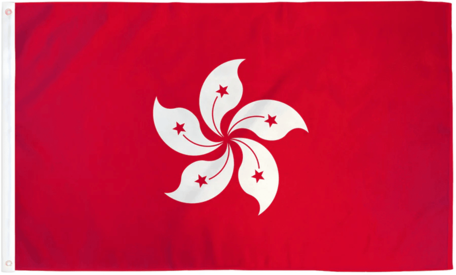 Hong Kong flag made in USA with white five-petal bauhinia flower on red field