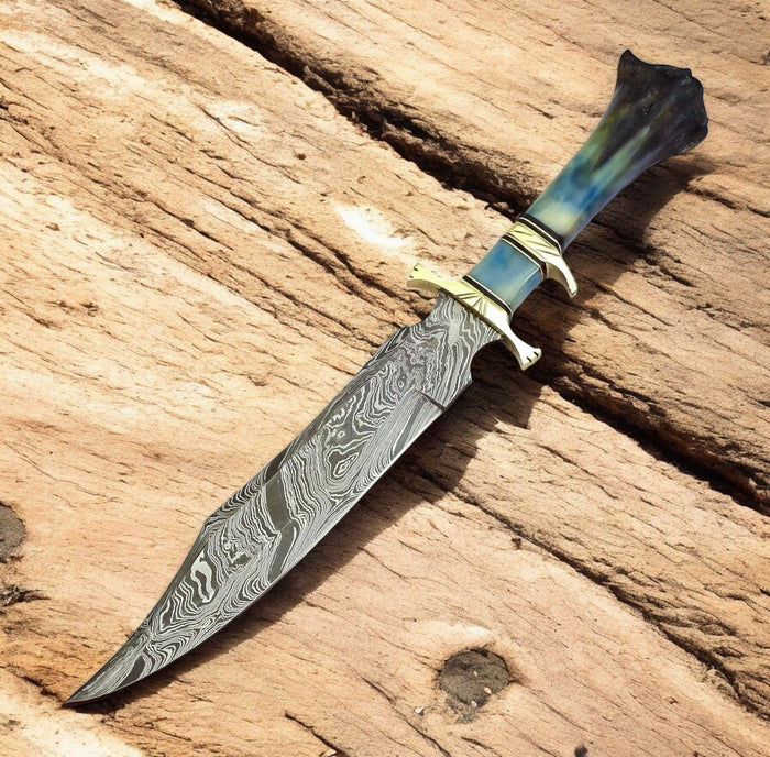 Handmade Damascus Bowie Knife with Colored Bone Handle