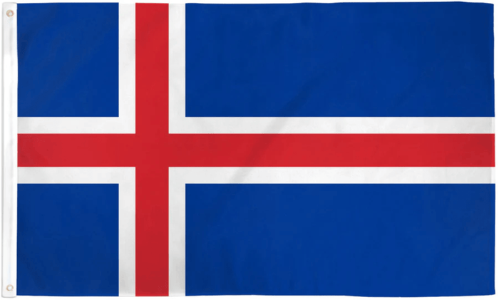 Iceland flag made in USA with red Nordic cross outlined in white on blue field