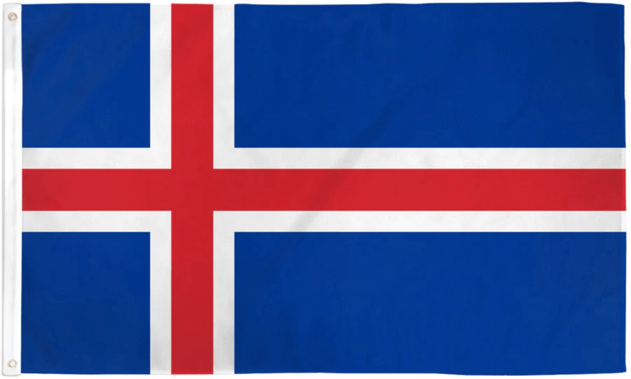 Iceland flag made in USA with red Nordic cross outlined in white on blue field