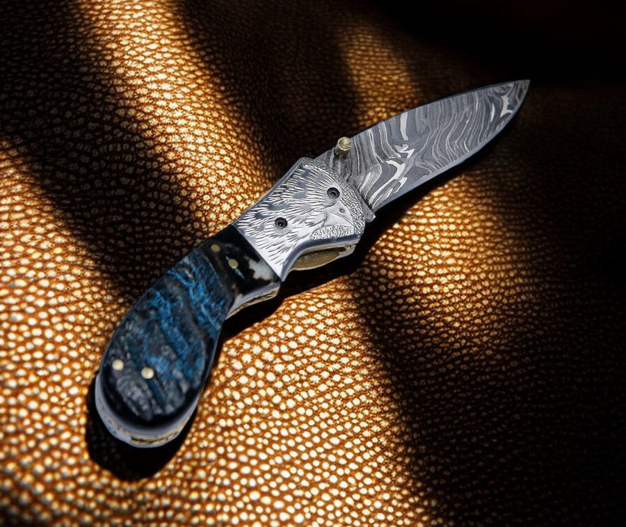 Handmade Damascus Pocket Knife – Sheep Horn Handle