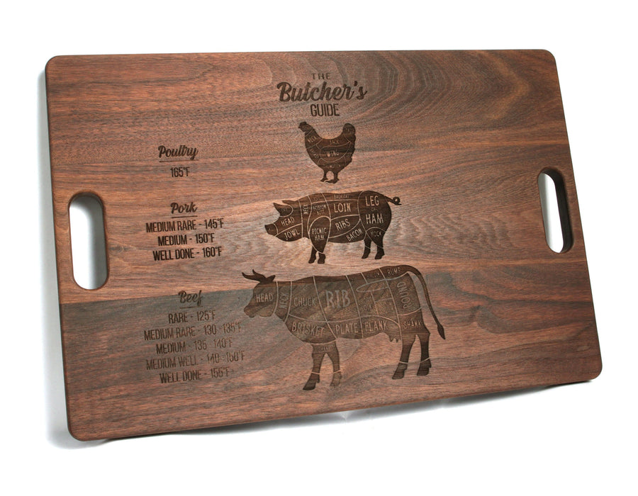 Walnut cutting board engraved with a butcher guide and fitted with cutout handles