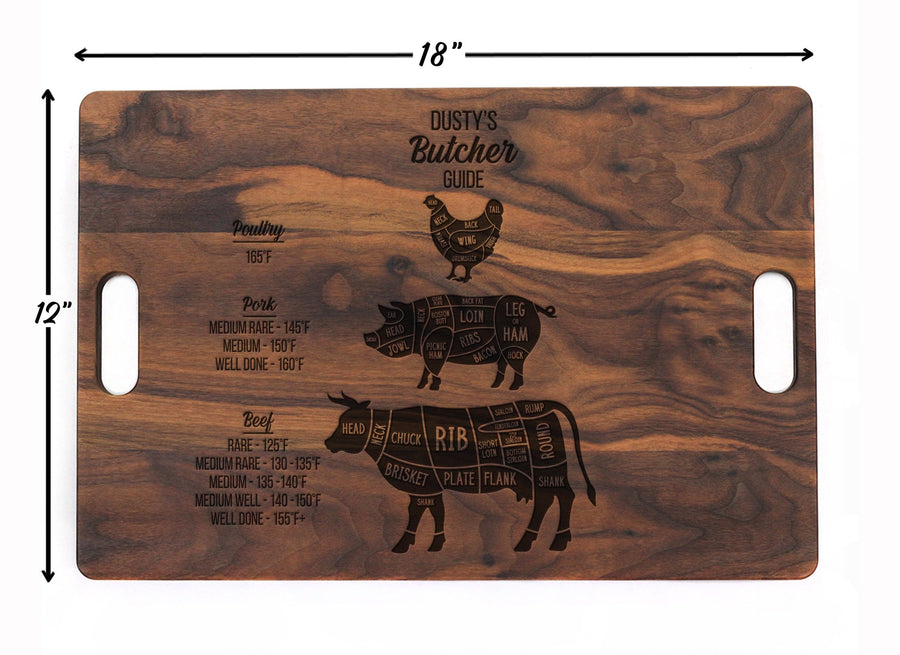 Butcher-guide walnut cutting board with 18 by 12-inch dimensions marked
