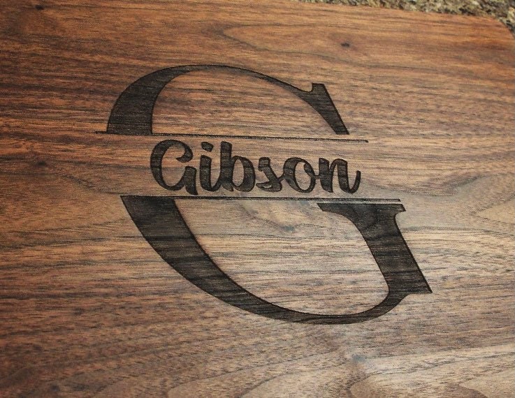Close view of an example surname and large letter monogram in walnut