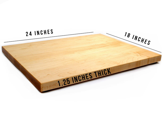 Maple cutting board marked 24 by 18 inches and 1.25 inches thick