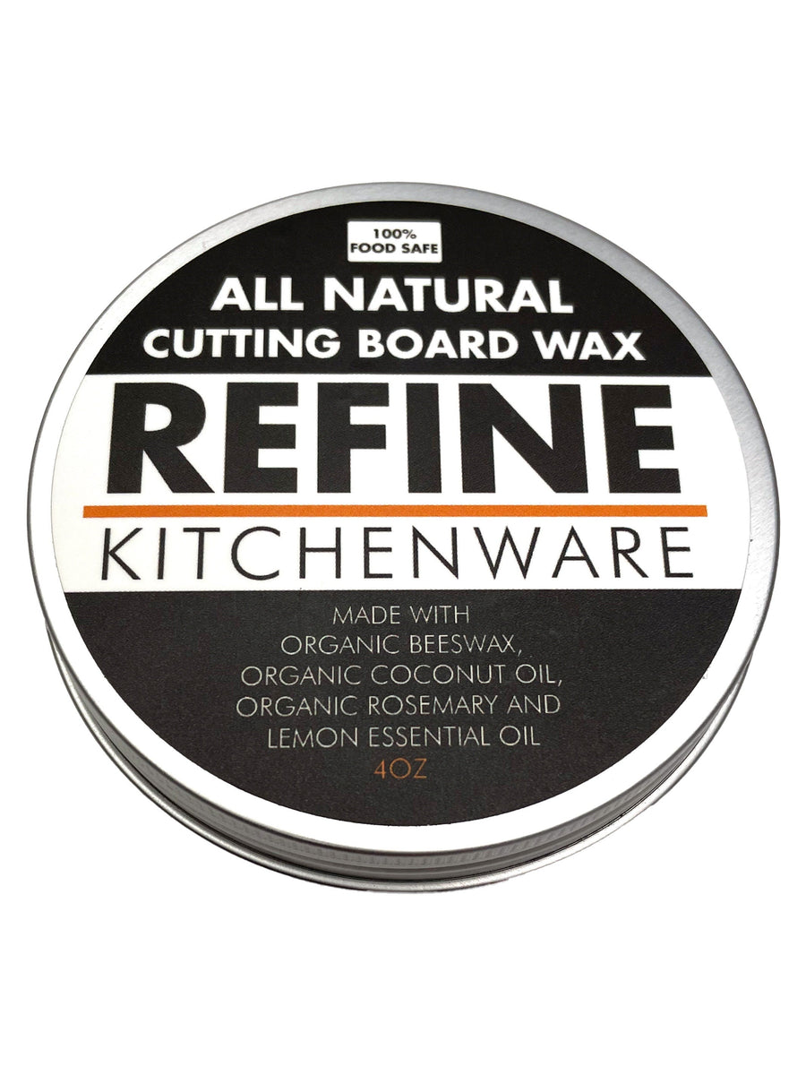 Round cutting board wax label with the Refine Kitchenware name