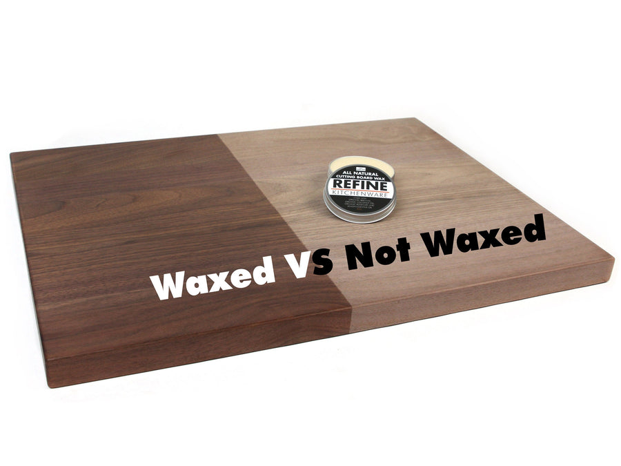 Wood surface comparison labeled waxed versus not waxed beside a board wax tin