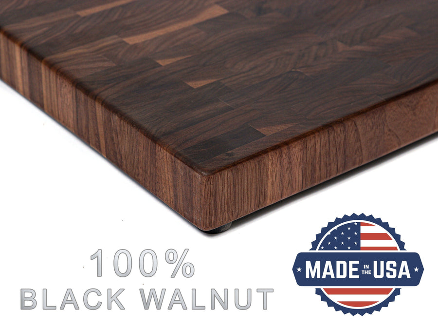 Close view of walnut end-grain construction with a supplier material caption