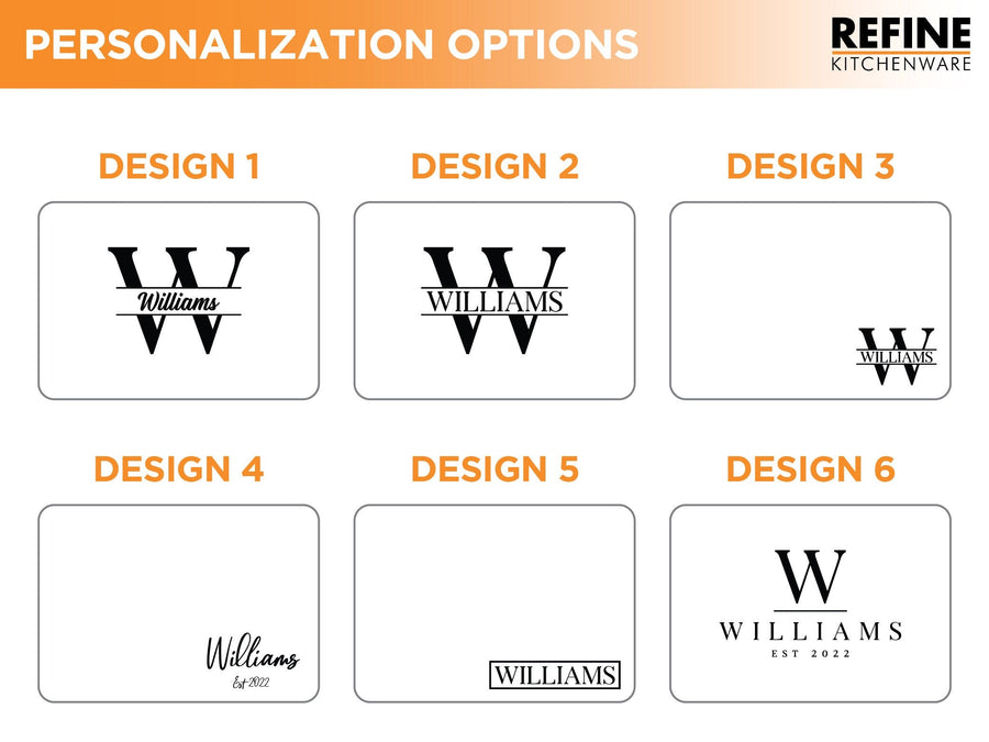 Six numbered monogram and name engraving layout examples