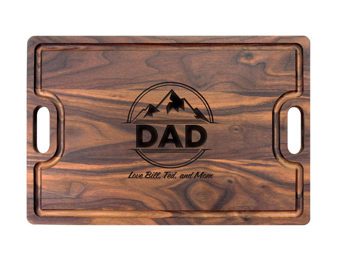Walnut cutting board engraved with a Dad outdoor-themed design
