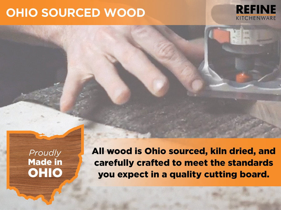 Refine Kitchenware woodworking graphic describing Ohio-sourced hardwood