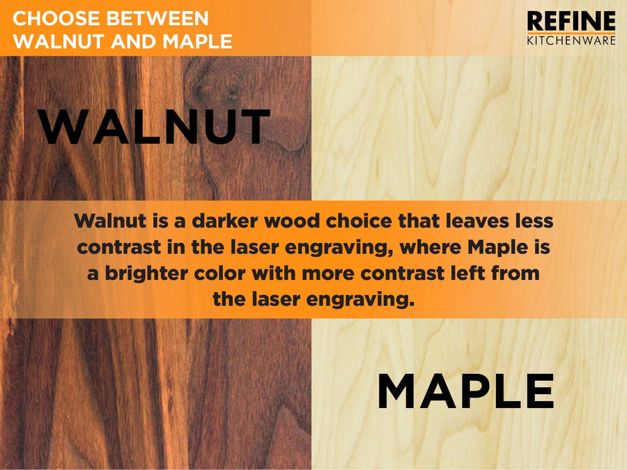 Walnut and maple wood comparison graphic for engraving appearance