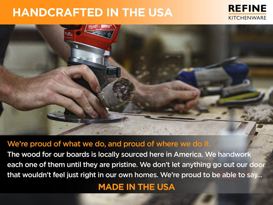 Woodworking production photo with a Refine Kitchenware made-in-USA caption