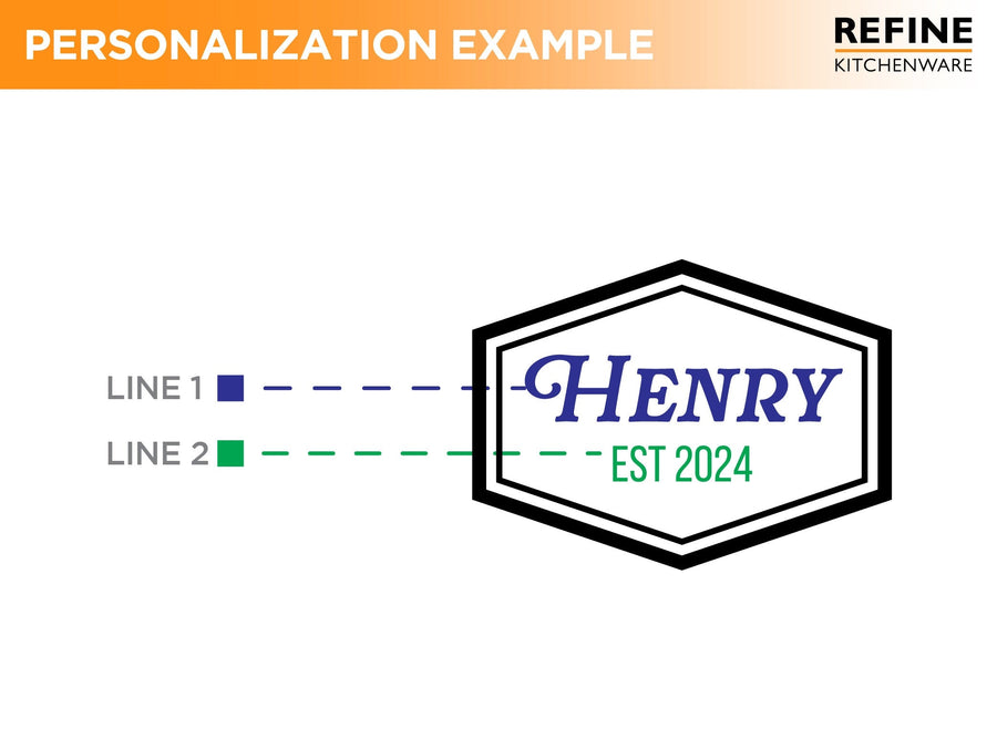 Two-line personalization diagram for a surname and established date