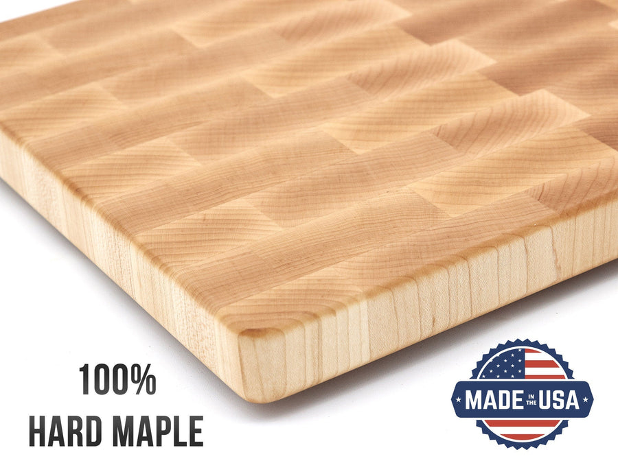 Close view of maple end-grain construction with a supplier material caption