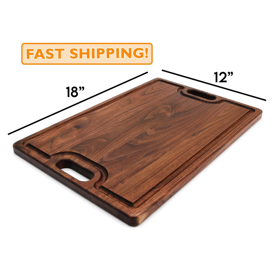 Walnut cutting board dimension graphic showing an 18 by 12-inch format