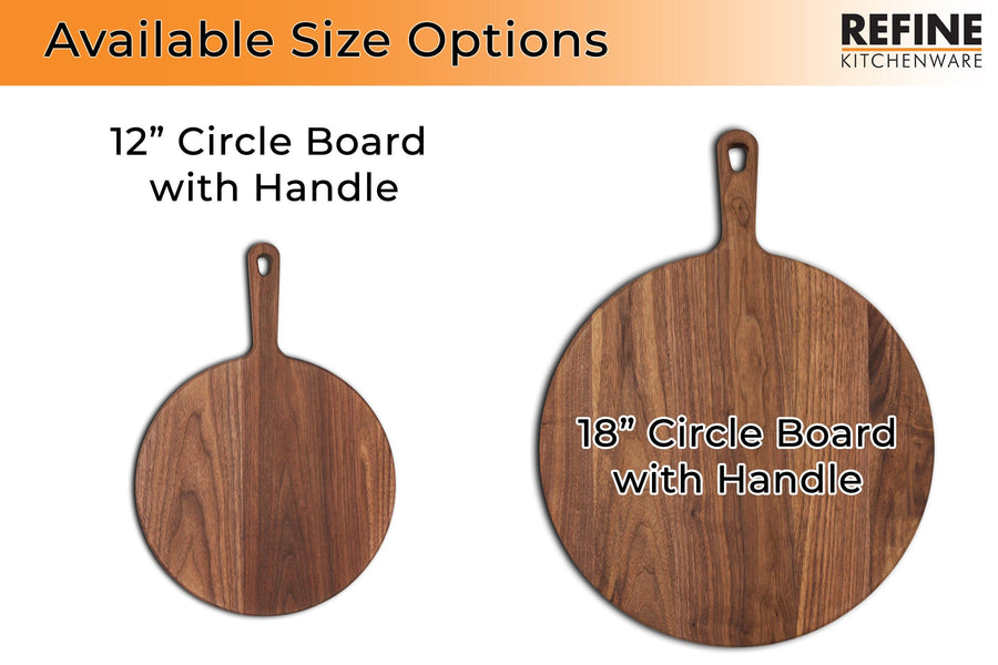 Size chart comparing 12-inch and 18-inch round walnut paddle boards with handles