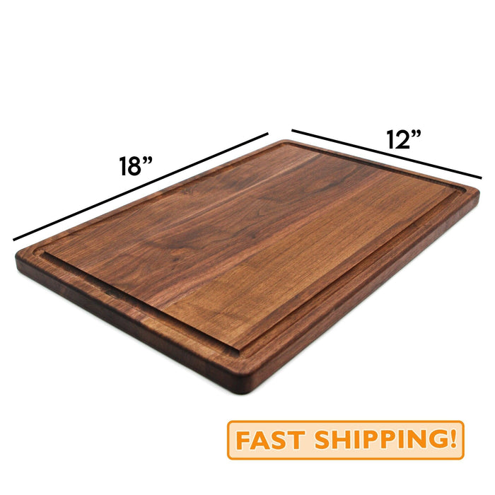 Walnut cutting board dimension graphic with an 18 by 12-inch work area