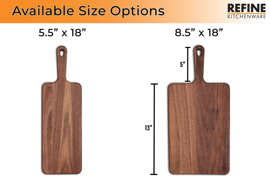 Size chart comparing 5.5 by 18 and 8.5 by 18-inch walnut paddle boards
