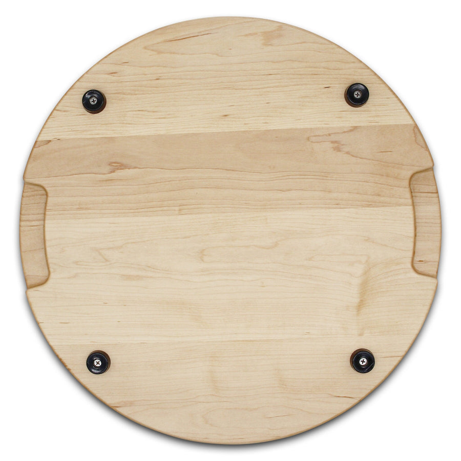 Maple round board underside showing rubber feet and pocket handles