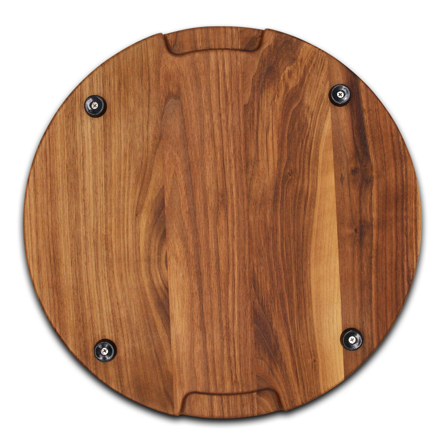 Walnut round board underside showing rubber feet and pocket handles