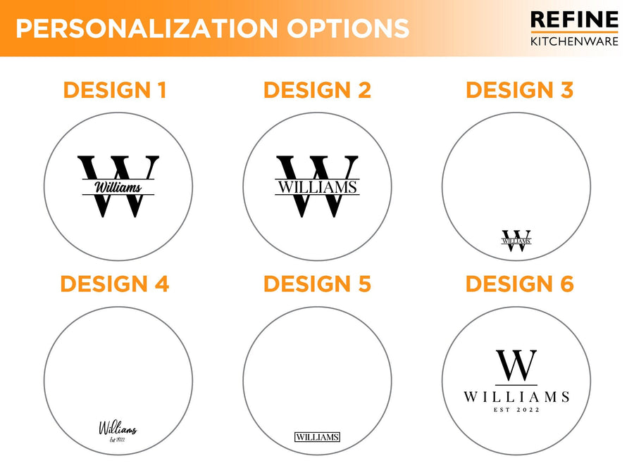 Six numbered personalization options for a round cutting board