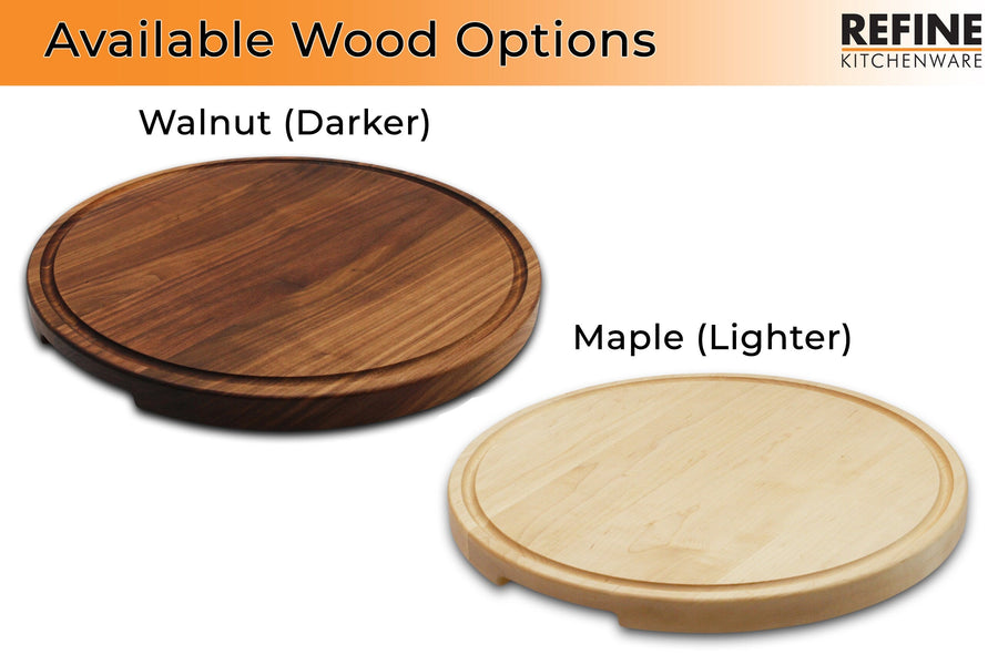 Wood-choice graphic comparing round walnut and maple boards