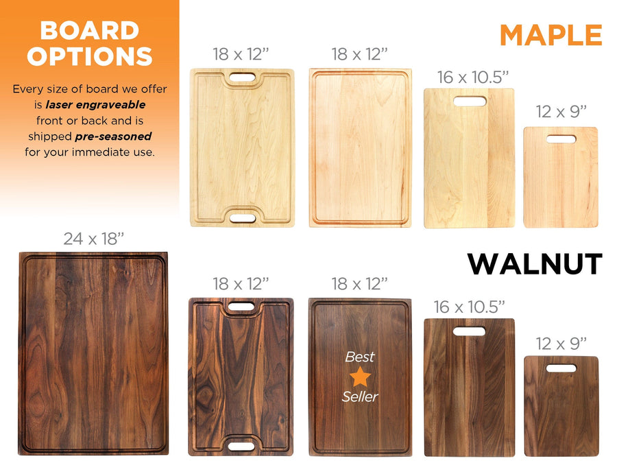 Chart comparing maple and walnut board sizes and handle options