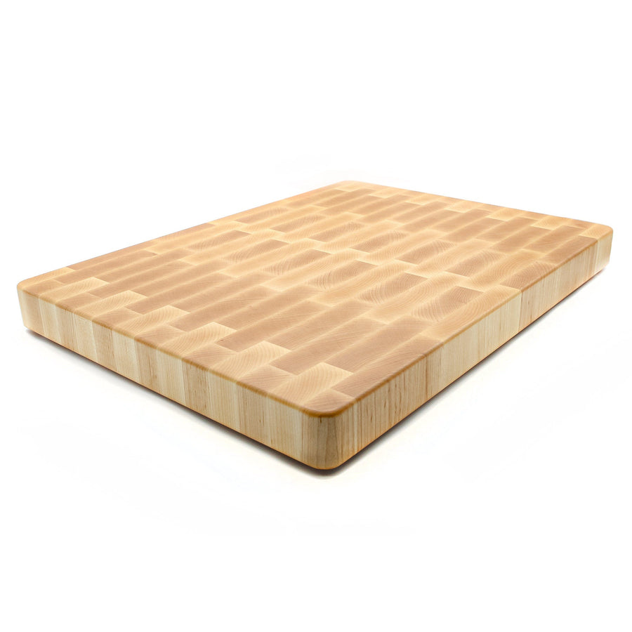 Maple end-grain butcher block showing a thick side profile