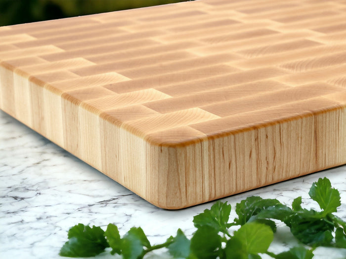 Maple end-grain butcher block with a checker-like natural wood pattern