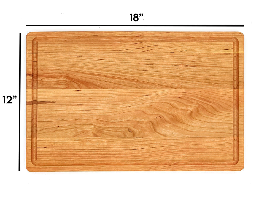 Cherry cutting board with 18 by 12-inch dimensions marked