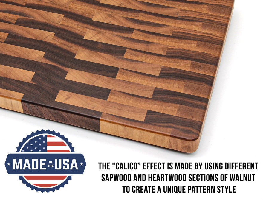 Calico walnut end-grain board with a supplier graphic describing the wood pattern