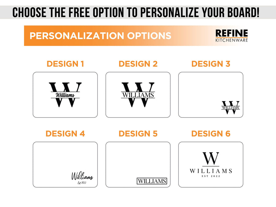 Six optional personalization designs shown for an end-grain board