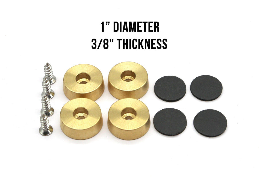 Four brass feet, four black pads and Phillips screws with foot dimensions shown