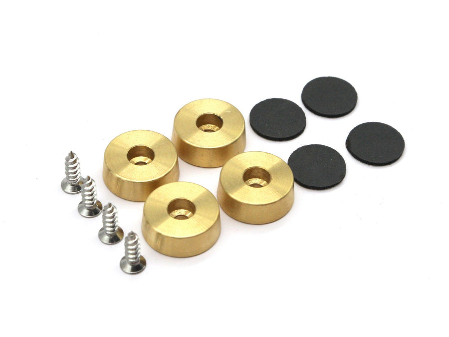 Brass cutting board feet, non-slip pads and screws arranged as a set