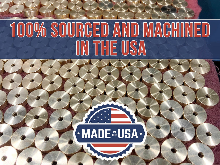 Brass cutting board feet with the supplier's USA sourcing and machining graphic