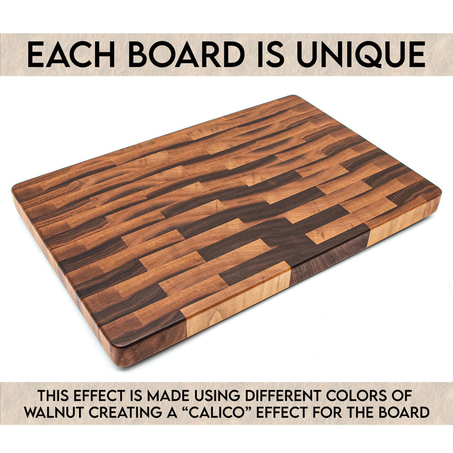 Calico walnut board graphic explaining the variation in natural wood colors