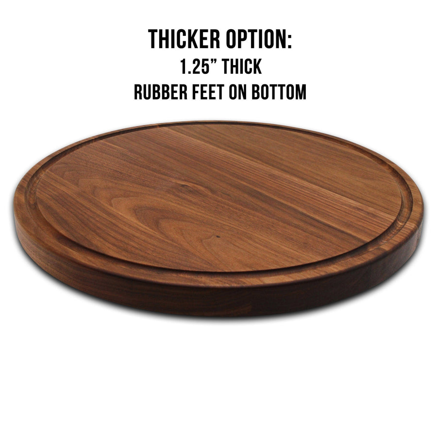 Round walnut board graphic identifying the thicker version and rubber feet