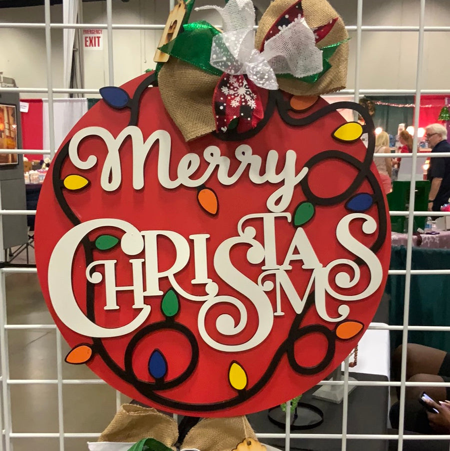 Hand-painted Merry Christmas door hanger with colorful light-bulb shapes