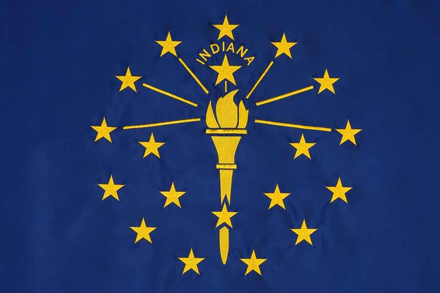 Indiana state flag close-up with gold torch rays and nineteen stars