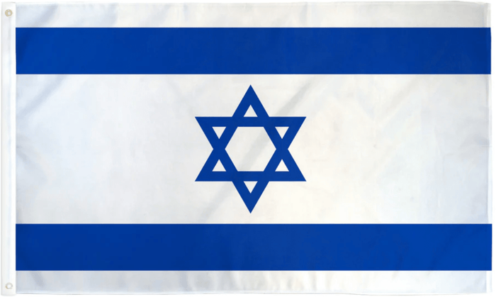Israel flag made in USA with blue Star of David and two blue stripes on white