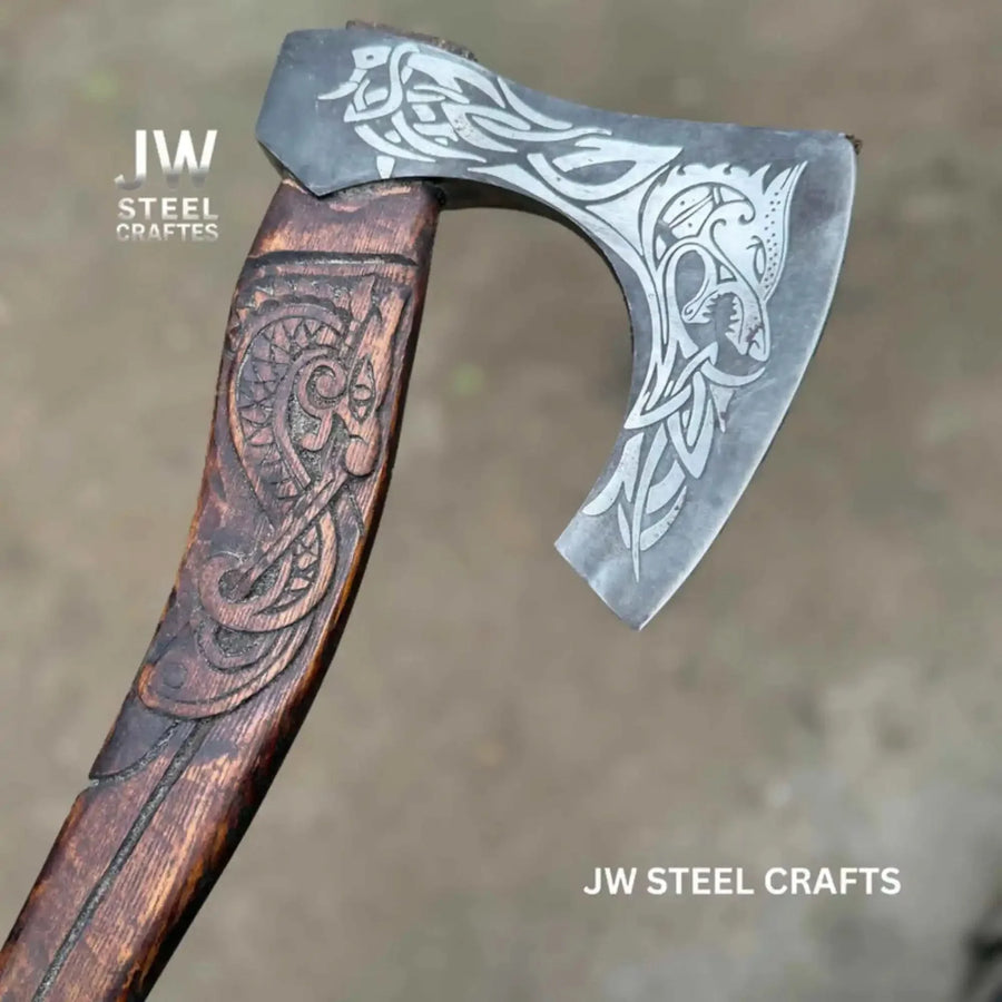 Hand-Engraved Viking Bearded Axe with Carved Hardwood Handle – Damascus Steel Blade | JW SteelCrafts