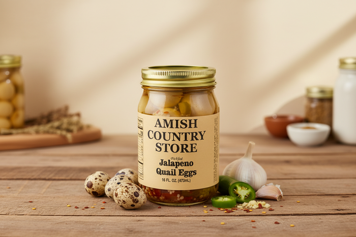 Pickled Jalapeño Quail Eggs package with serving suggestions in a styled food scene