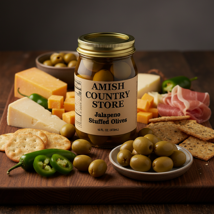 Jalapeno Stuffed Olives package with serving suggestions in a styled food scene