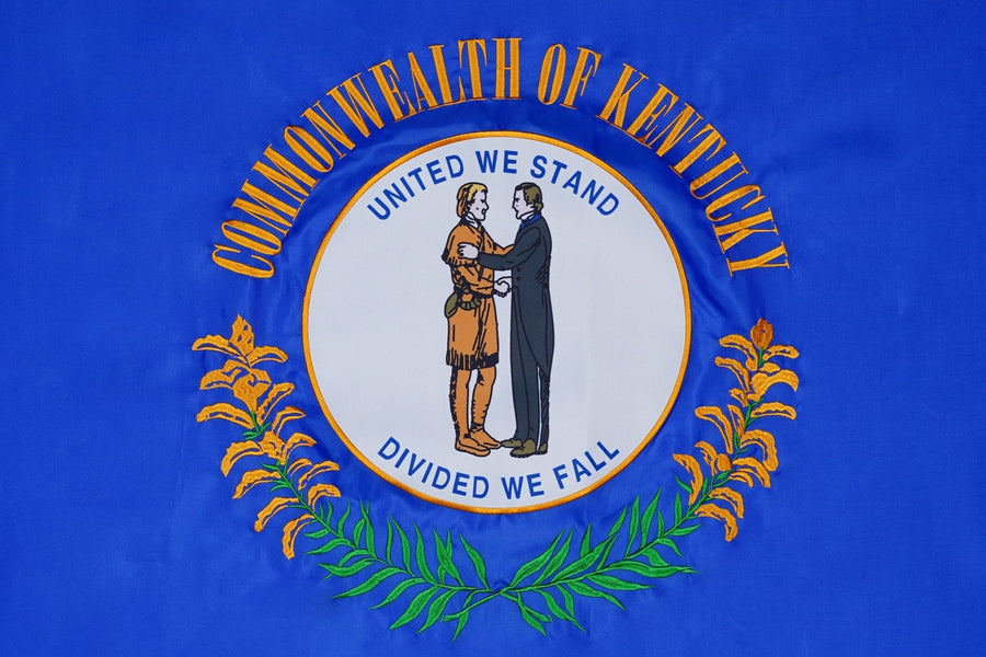Kentucky state flag close-up with Commonwealth seal and goldenrod