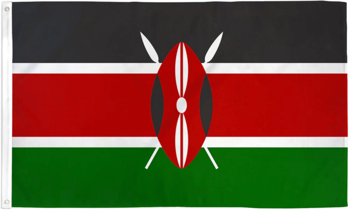 Kenya flag made in USA with black red green bands Maasai shield and crossed spears