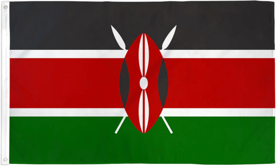 Kenya flag made in USA with black red green bands Maasai shield and crossed spears