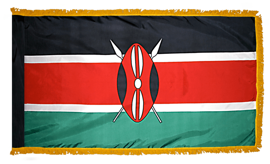 Kenya nylon flag product image with Maasai shield crossed spears and Pan-African colors